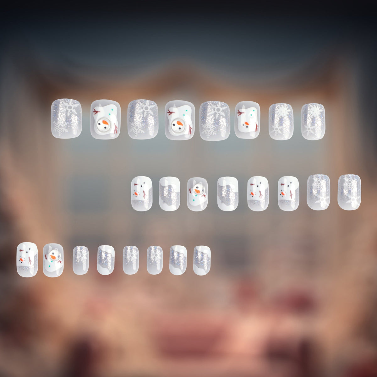 Snowman Nails in Silver and Grey | Short Press On Tips with Snowflake Detail | Skin Friendly Set for Winter Gatherings