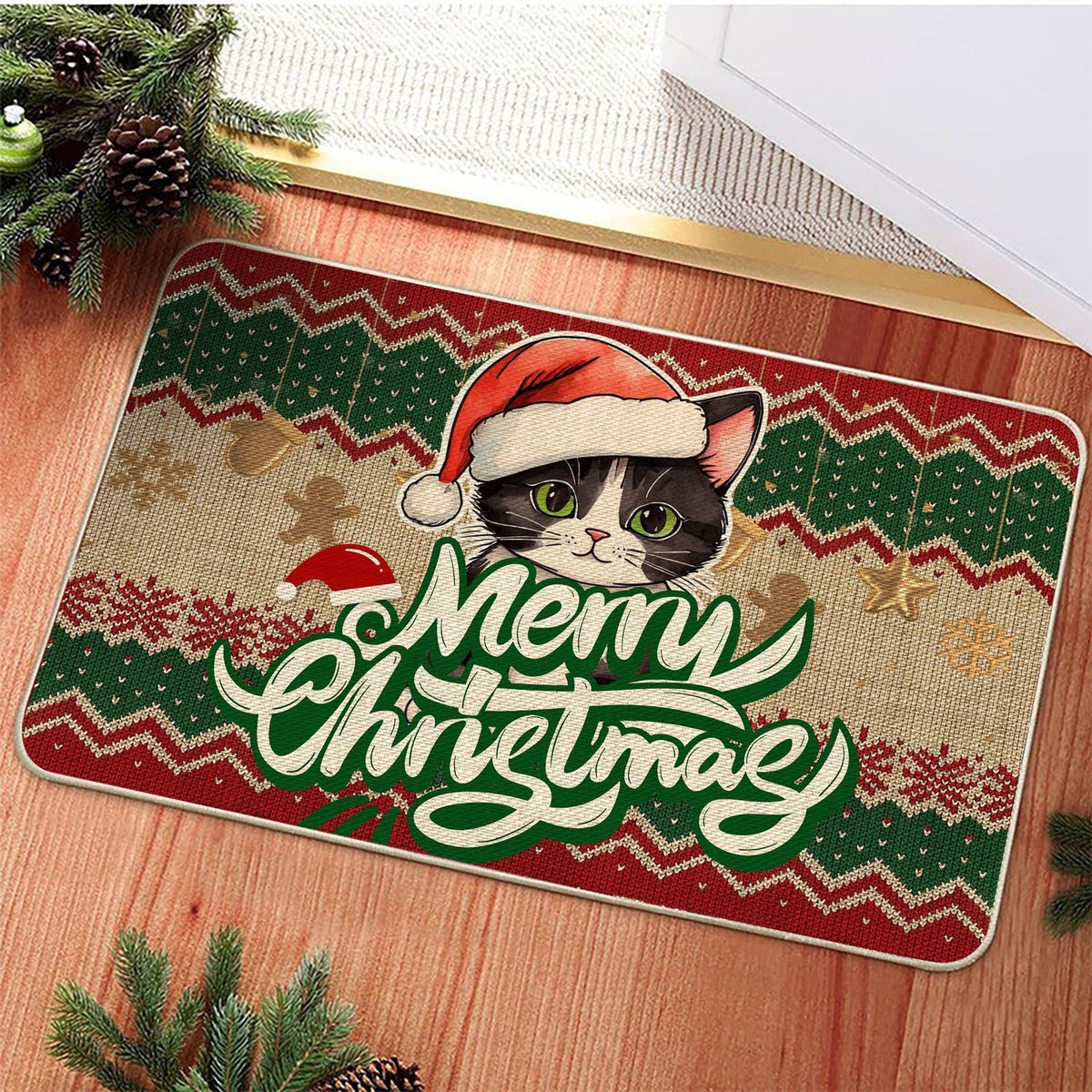 Christmas Welcome Mat with a Cat Design | Non Slip Xmas Door Rug in Two Sizes | Festive Holiday Entrance Decor