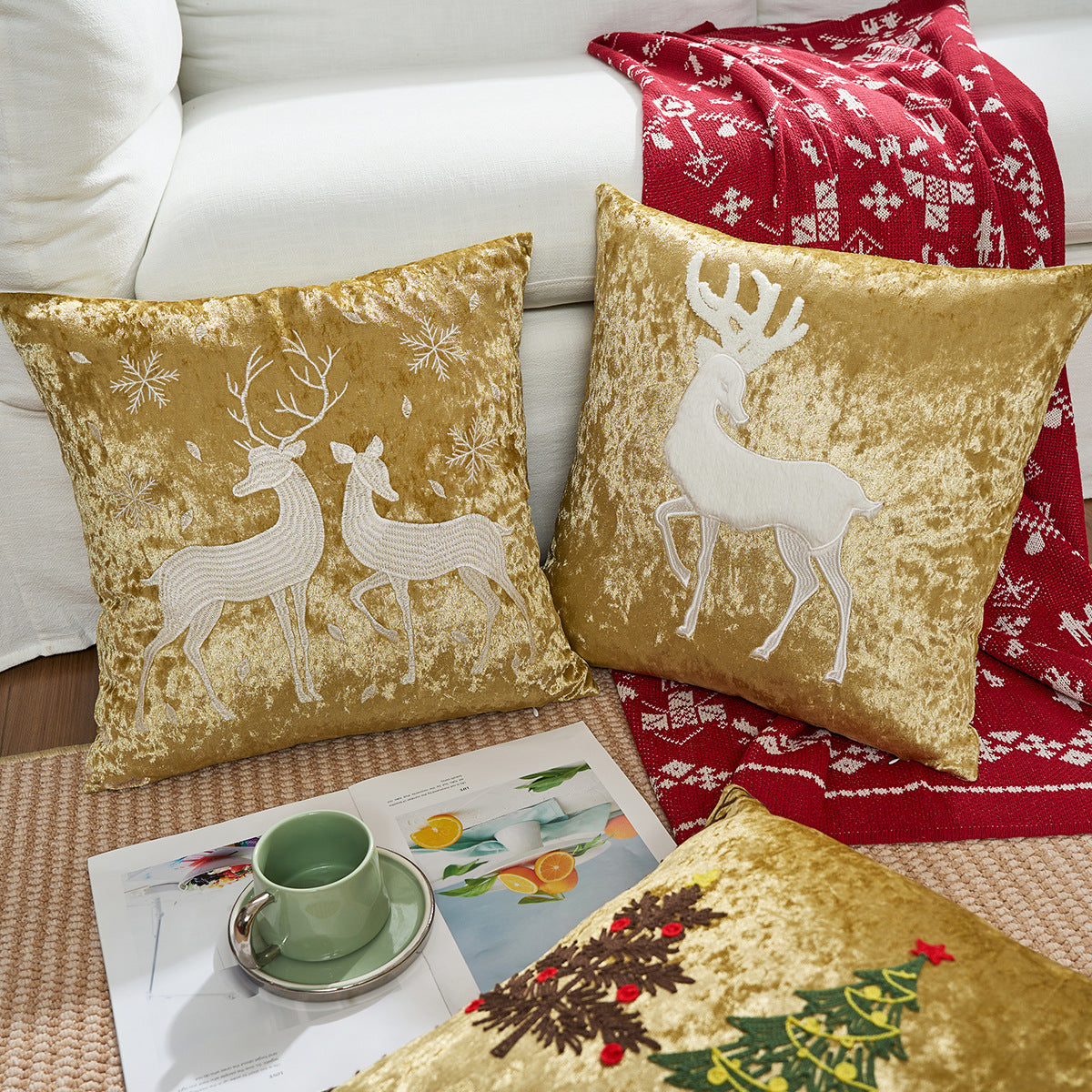 Crushed Velvet Christmas Throw Pillow with Reindeer Applique | Hidden Zipper, Washable Cover | Festive Living Room Decorations