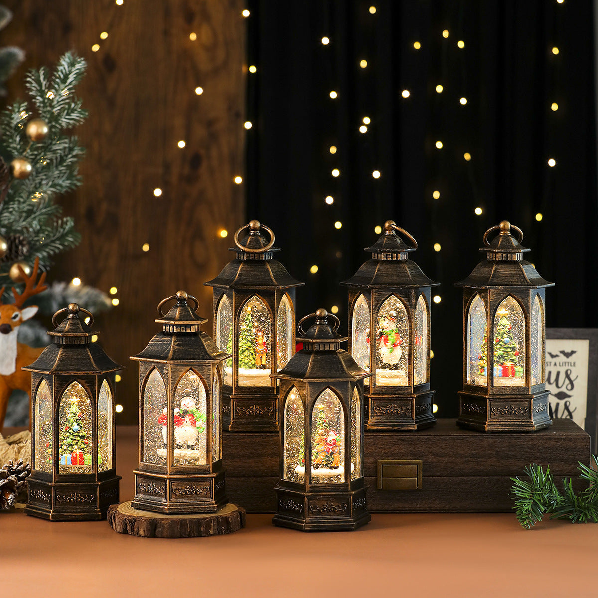 Battery Operated Christmas Lights in a Glitter Filled Lantern | Santa and Snowman Scenes Inside | Warm Cordless Tabletop Decor