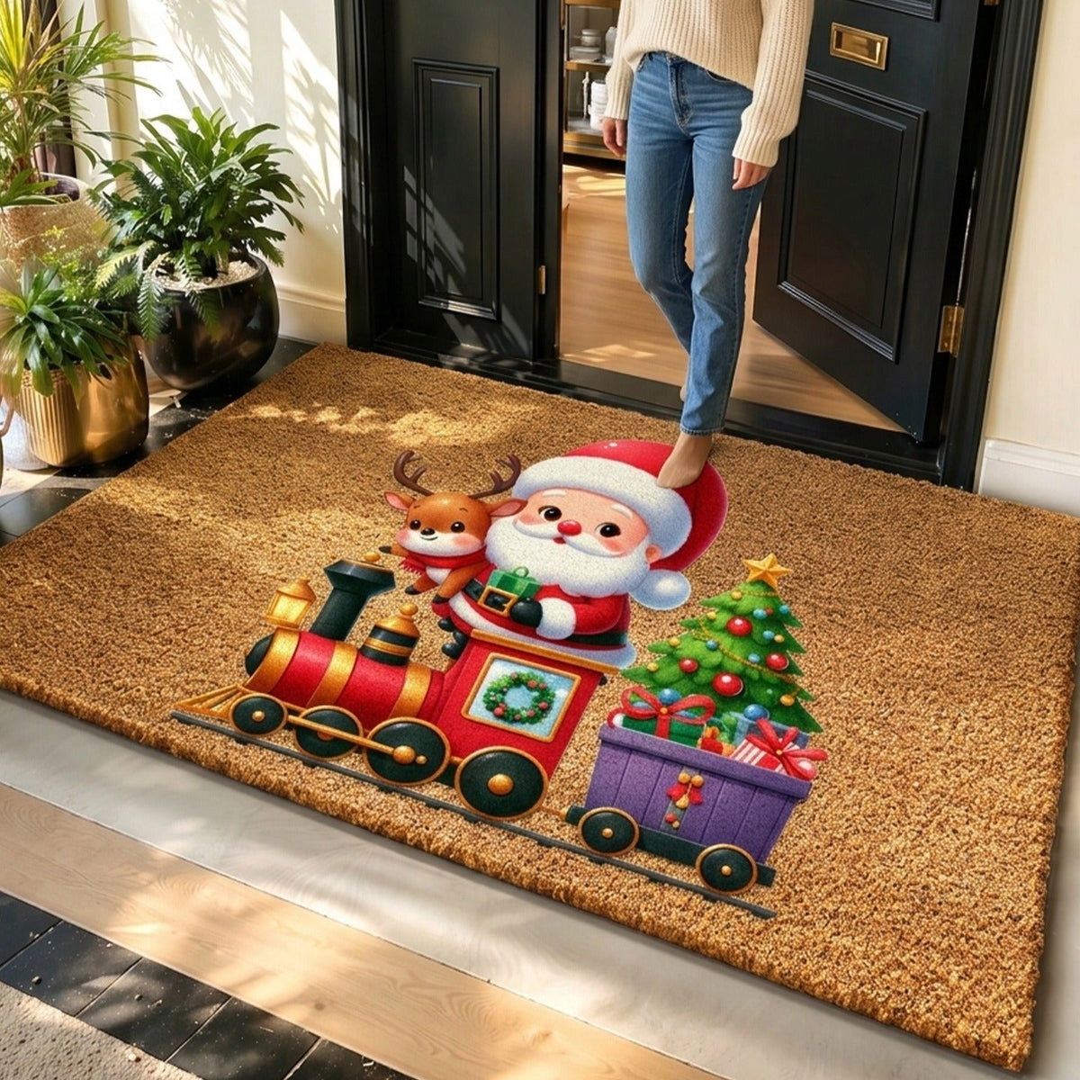 Christmas Welcome Door Mat with Gingerbread Men and Snowflakes | Non-Slip Bottom, Heavy Traffic Build | Entryway Patio Decor