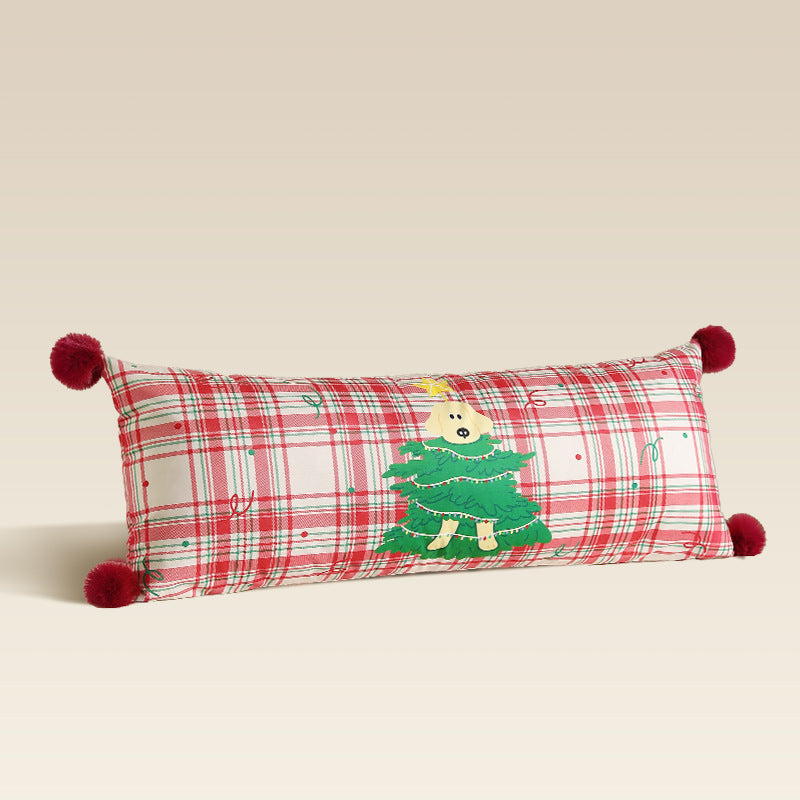 Extra Long Plaid Lumbar Pillow for Christmas Living Room | Pom-Pom Corners, Cotton Blend Cover | 13.78 x 35.43 in, Five Designs