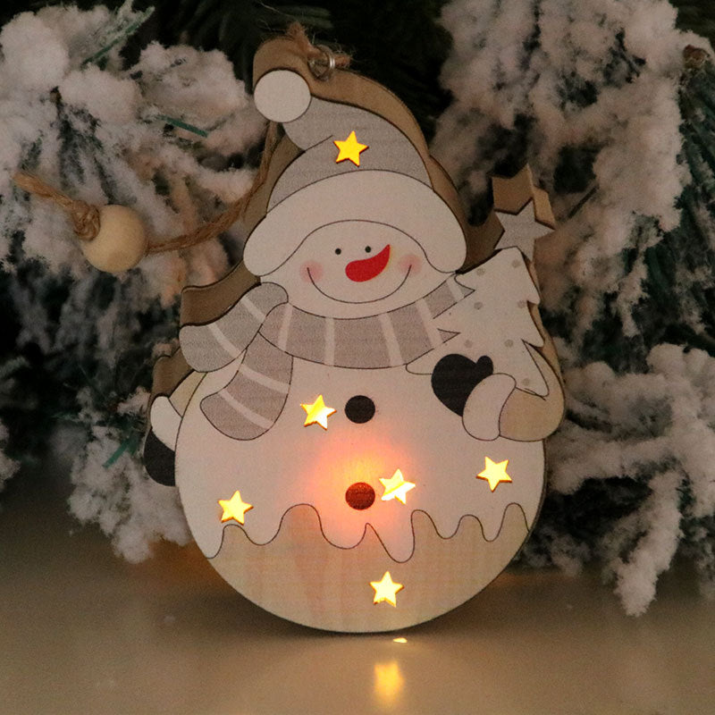 Light Up Wooden Christmas Ornaments | Santa, Snowman and Reindeer Shapes with Star Cutouts | Battery Powered Hanging Decor