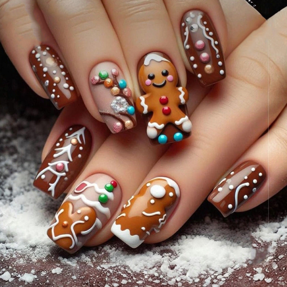 Gingerbread Christmas Nails in Mixed Sizes | Festive Press On Nail Set with Adhesive Tabs | Easy Manicure for Parties