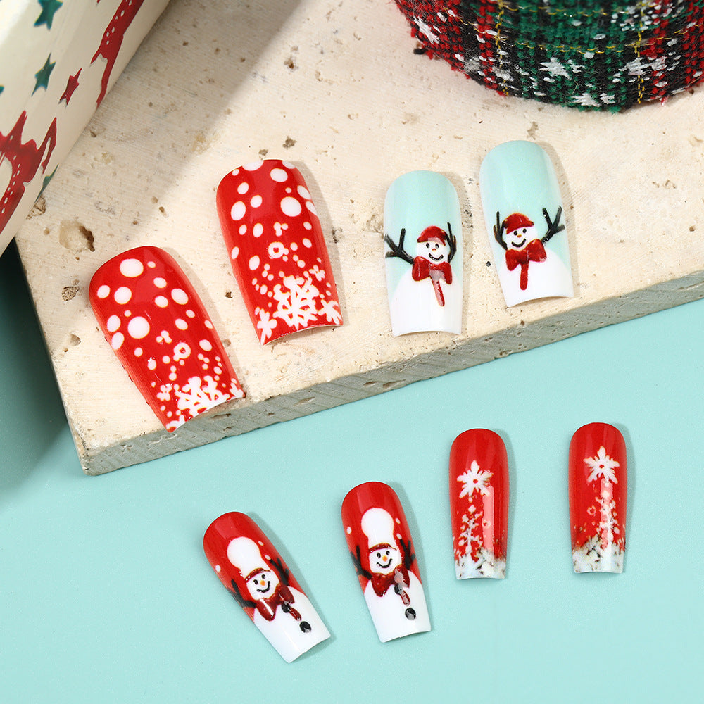 Snowman Nails with Snowflake and Glitter Art | Glossy Christmas Press On Nail Designs | Festive Winter Manicure