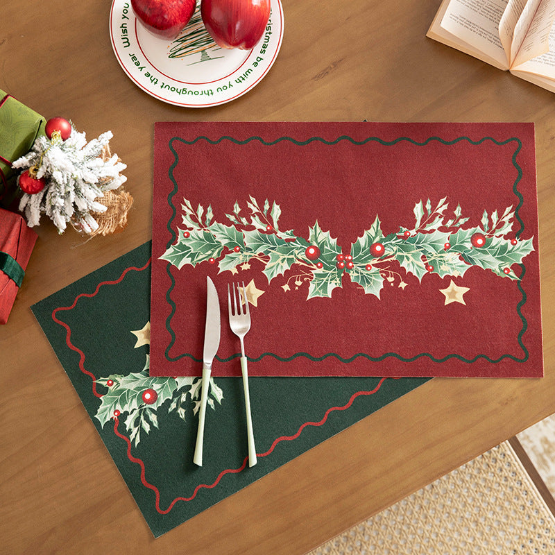 Christmas Placemat Set with Merry Lettering and Holly Accents | Red and Green Scalloped Table Mats | Flat Wipe Clean Decorations