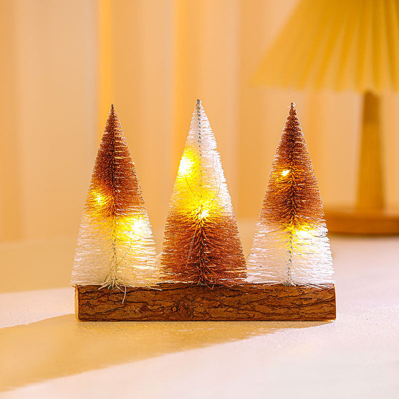 Artificial Christmas Trees on a Wooden Base with Sparkling LED Lights | Battery Powered Tabletop Set | Green, Orange or Silver