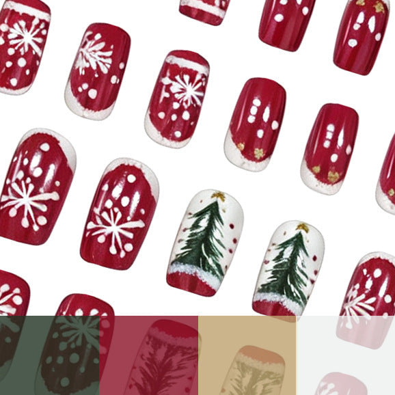 Christmas Tree Press-On Nails in Red and White | Snowflake and Dot Artwork | Chip-Resistant Tips for Holiday Parties