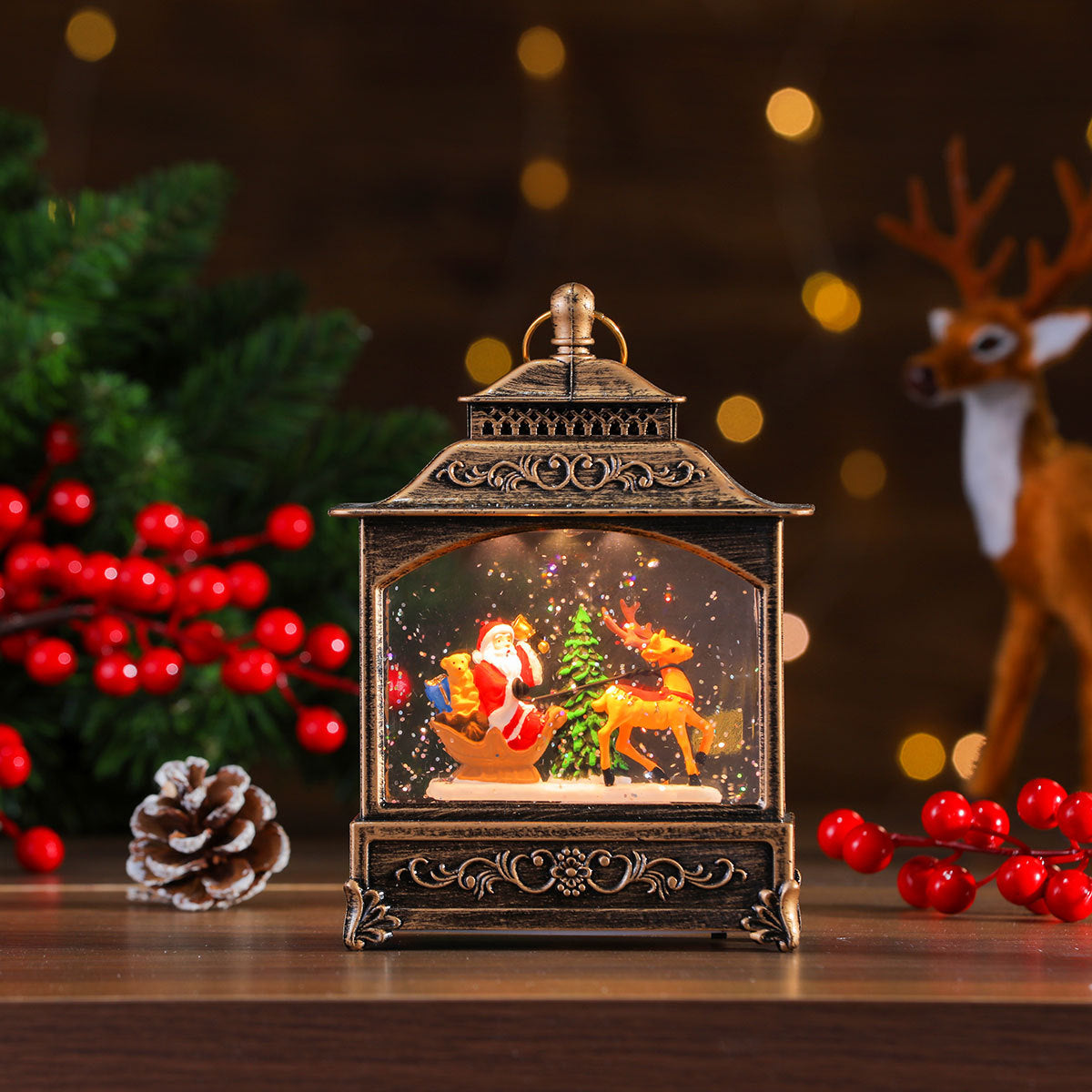 Musical Christmas Lanterns with a Santa and Reindeer Scene | Plays Classic Holiday Melodies | 12 in Tall Painted Tabletop Light