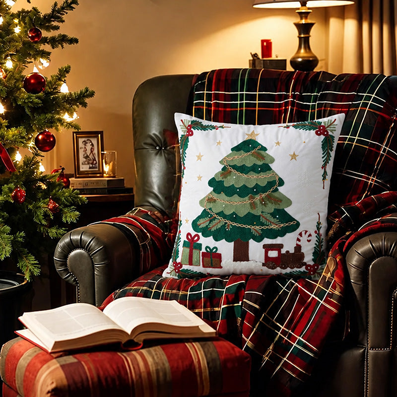 Embroidered Christmas Pillow Cover with Snowman and Fir Sprigs | Cotton Linen Blend, Invisible Zipper | Indoor Decorations