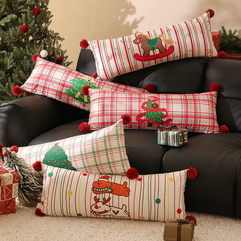 Extra Long Plaid Lumbar Pillow for Christmas Living Room | Pom-Pom Corners, Cotton Blend Cover | 13.78 x 35.43 in, Five Designs