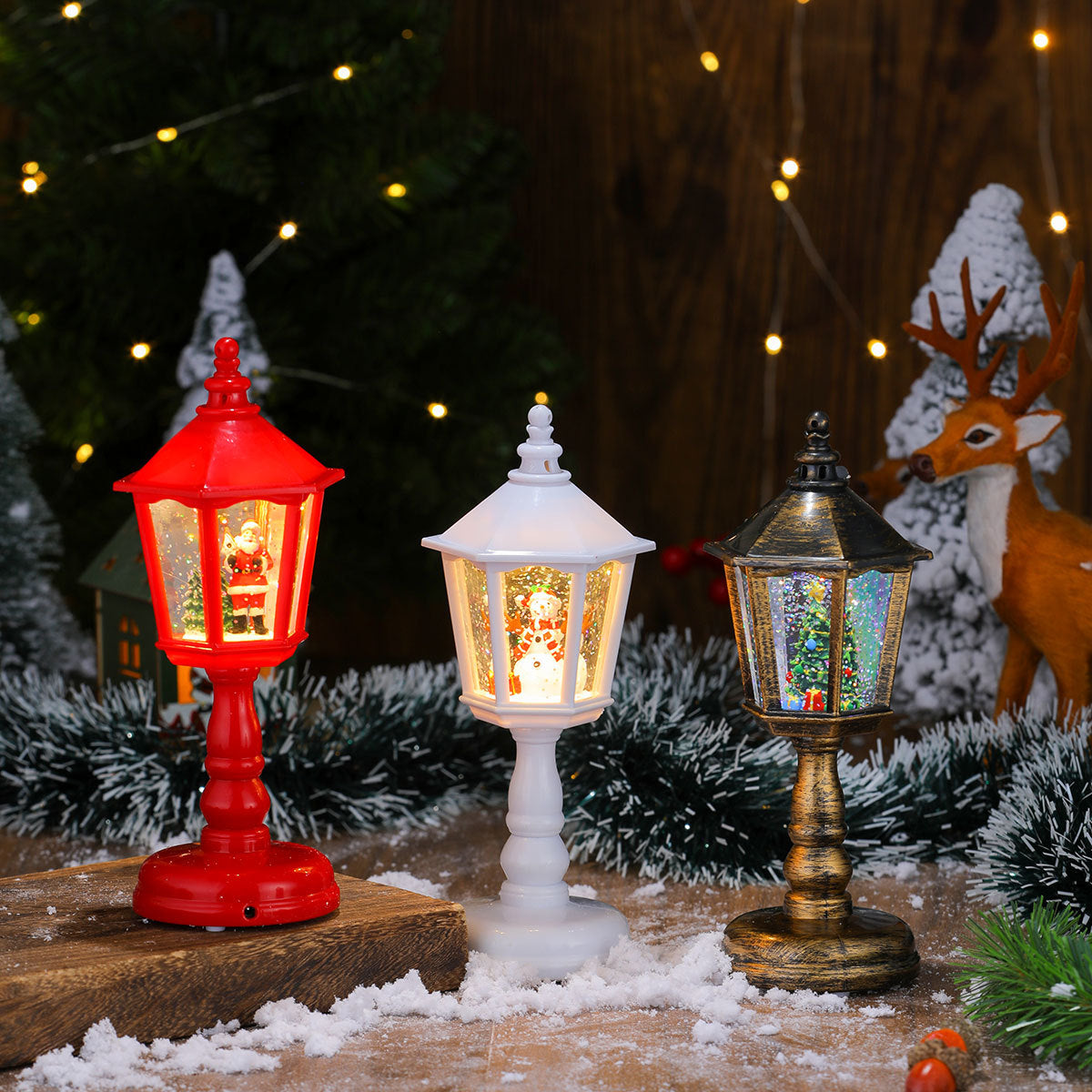Street Lamp Lantern with Christmas Lights | Santa Figure Inside, in Red or White | Indoor and Outdoor Tabletop Decor
