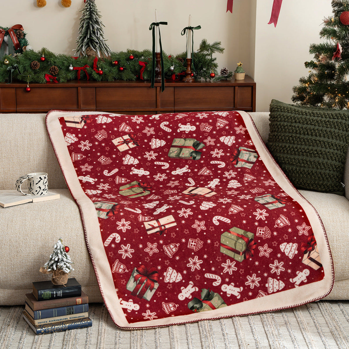 Christmas Throw Blanket with Gingerbread and Candy Cane Print | Soft Festive Fleece for Sofa and Bed | Stitched Border, 59 x 39 in