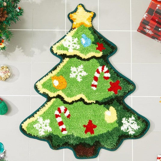 Christmas Tree Shaped Rug with Candy Cane and Snowflake Print | Soft Fibers Underfoot | Living Room and Entryway Mat