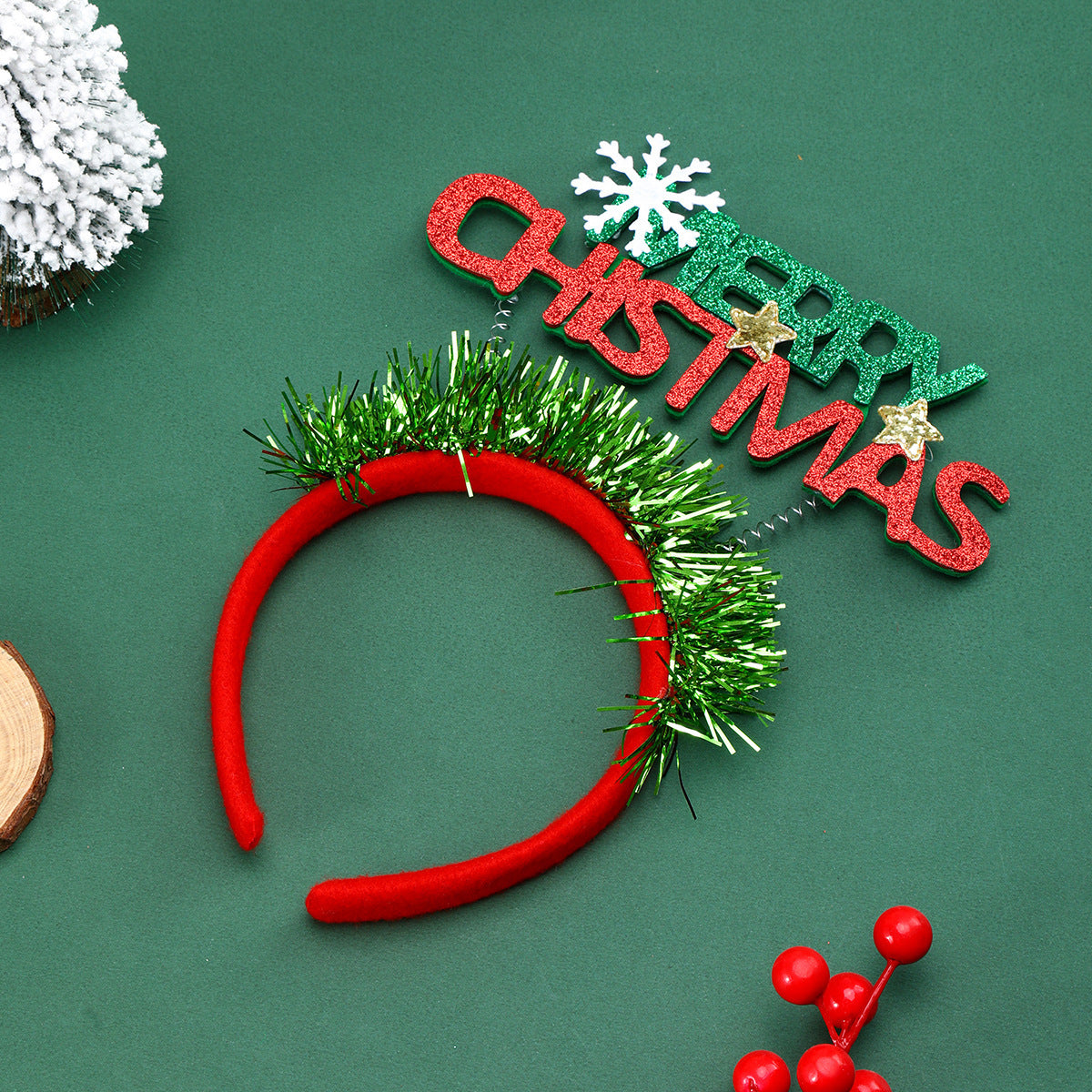 Christmas Headband with a Greeting Sign and Glitter Tinsel | Flexible Soft Band for a Snug Fit | Festive Party Accessories, 3 Designs
