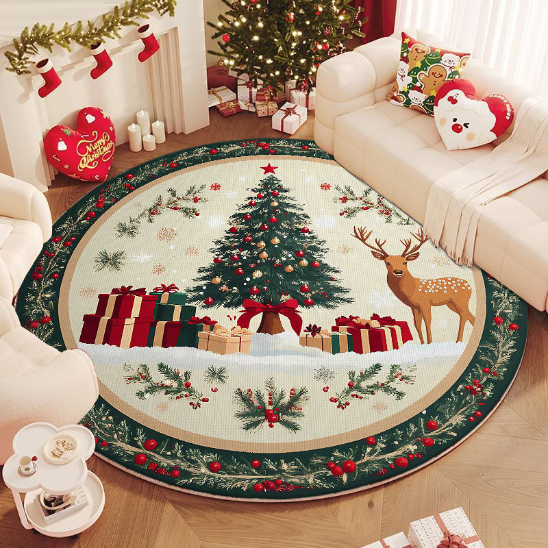 Christmas Tree Round Rug with Gifts and Snowflakes | Machine Washable Festive Floor Mat | Several Seasonal Sizes