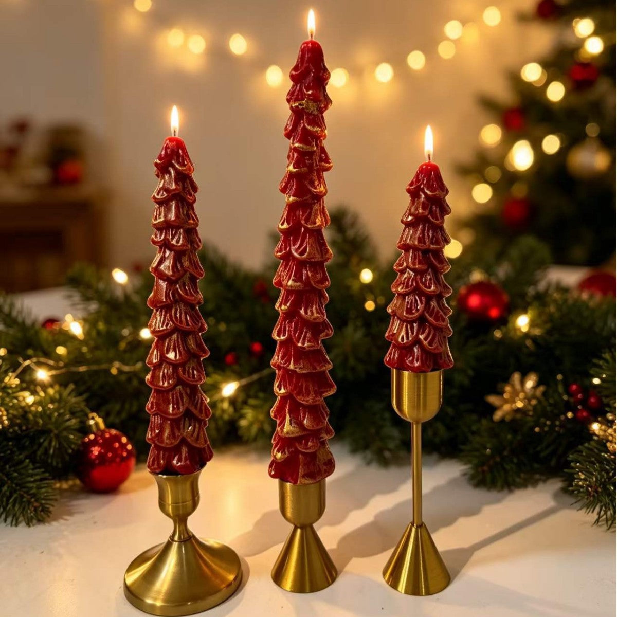 Sculpted Pine Christmas Tree Candles with Brass Finish Holders | Trio Set in Graduated Heights | Festive Table Centerpieces