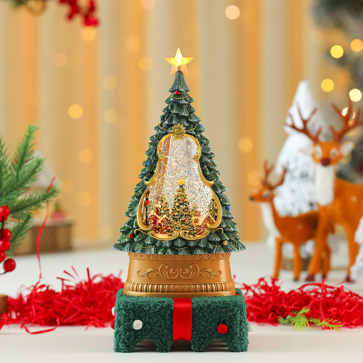 Illuminated Christmas Tree Decorations with a Sparkling Star Top | Painted Scene Behind a Clear Window | Warm Table Glow