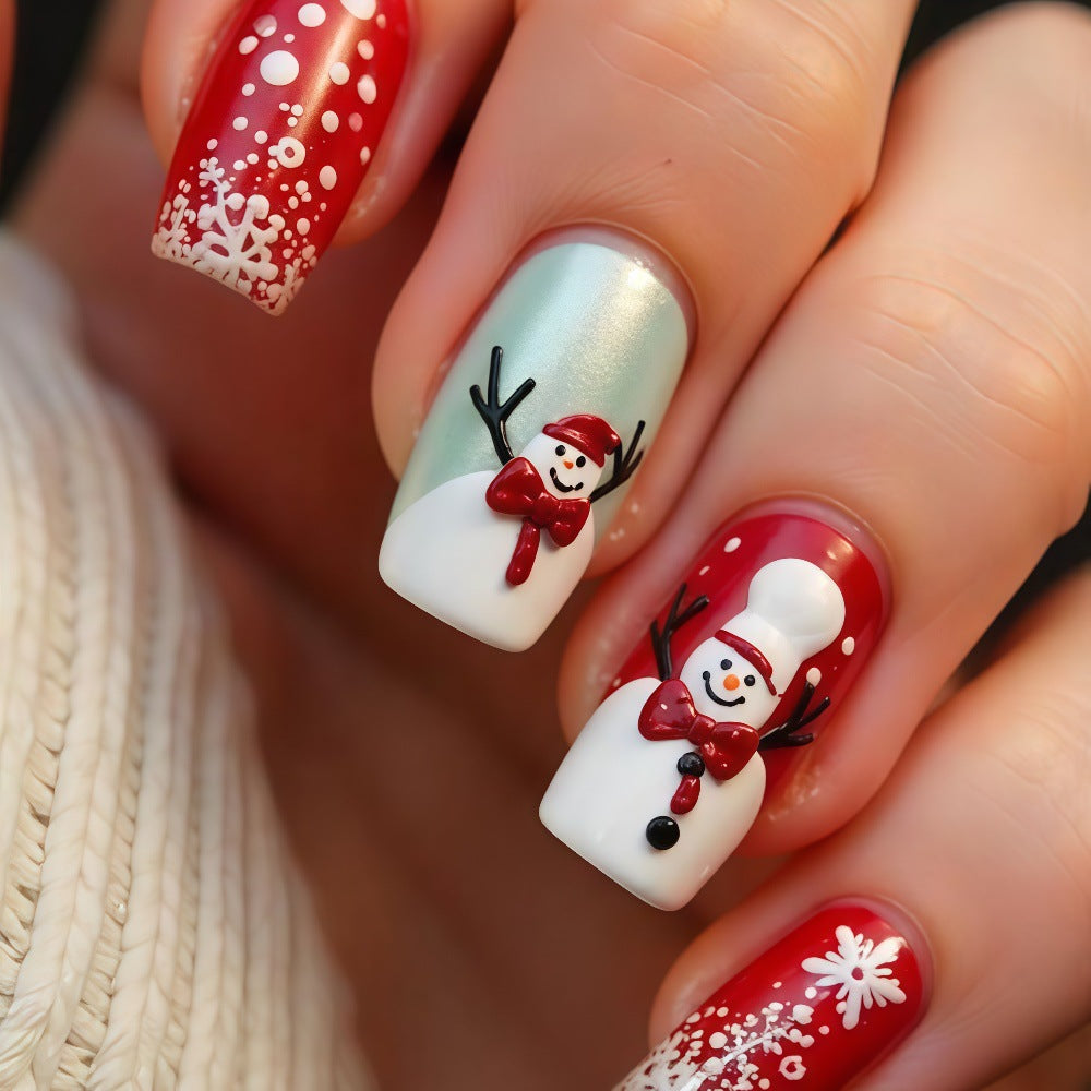 Snowman Nails with Snowflake and Glitter Art | Glossy Christmas Press On Nail Designs | Festive Winter Manicure