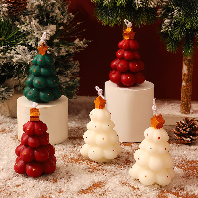 Hand Poured Christmas Tree Candle with Clear Star Top and Bead Accents | Cotton Hanging Loop | Festive Holiday Decorations