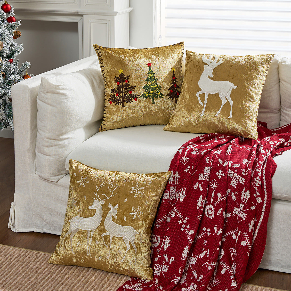 Crushed Velvet Christmas Throw Pillow with Reindeer Applique | Hidden Zipper, Washable Cover | Festive Living Room Decorations