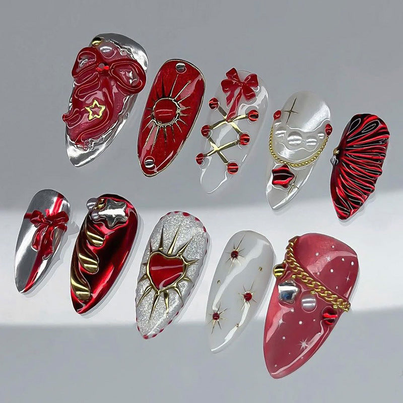 Red and White Glitter Christmas Nails | Glossy Press On Nail Art Designs | Festive Manicure for Parties and Dinner