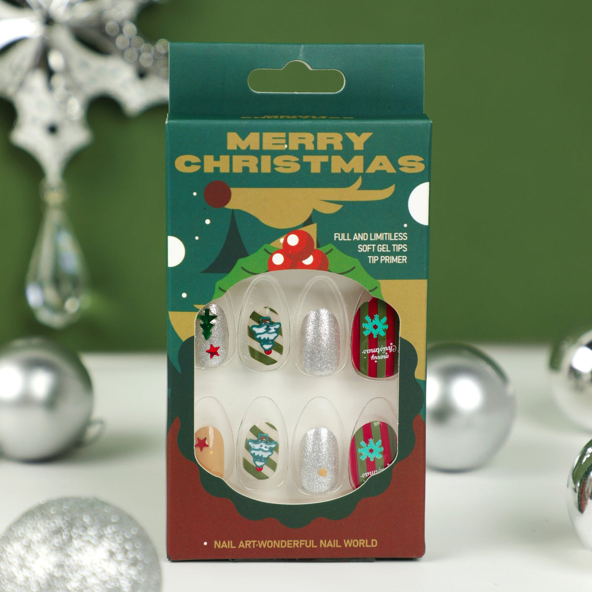 Christmas Nail Designs with Tree Patterns and Stars | Glittering Press On Tips for Festive Parties | Xmas Manicure Set