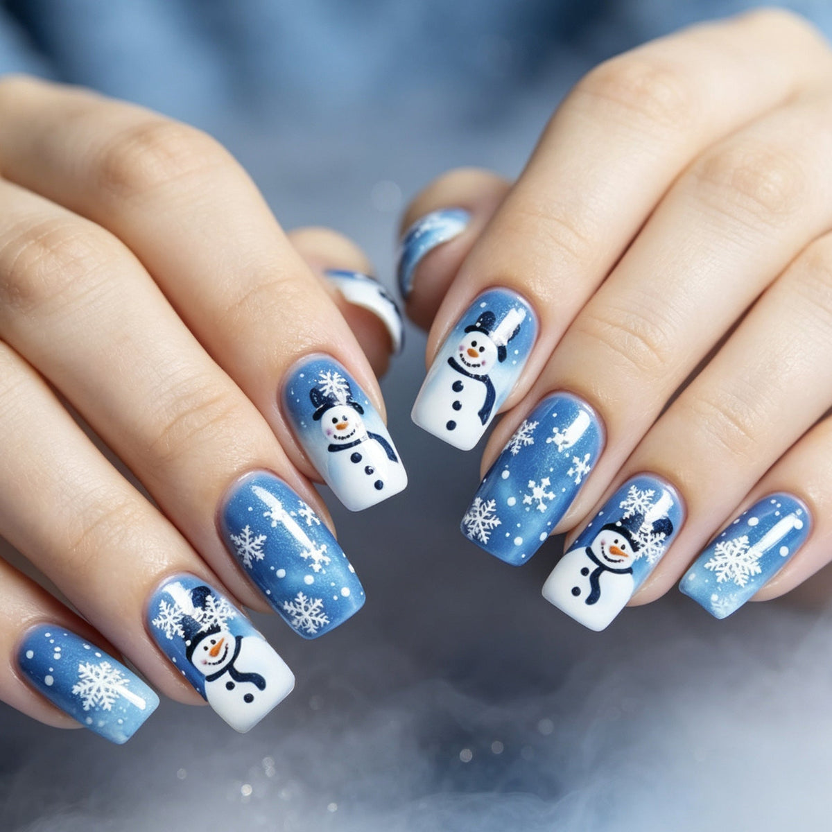 Blue Christmas Nails with Snowman and Snowflake Art | Pre Shaped Acrylic Extensions | Lightweight Tips for Salon Looks