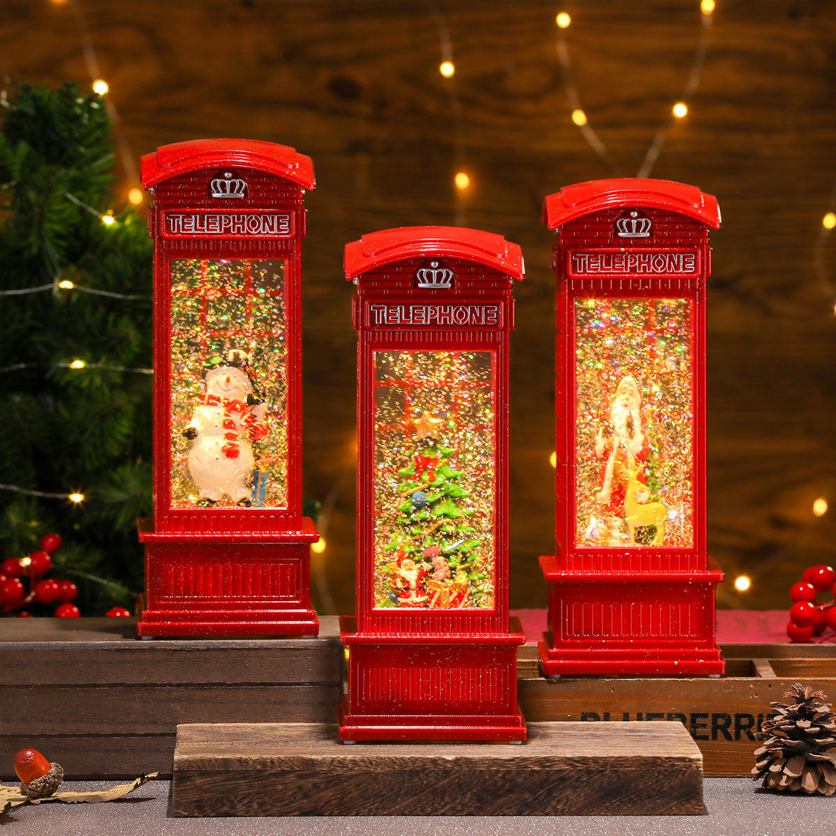 Christmas Snow Globe with a Red Telephone Box and Tree Scene | Shake It for Swirling Snowflakes | Festive Decorations, 3 Designs