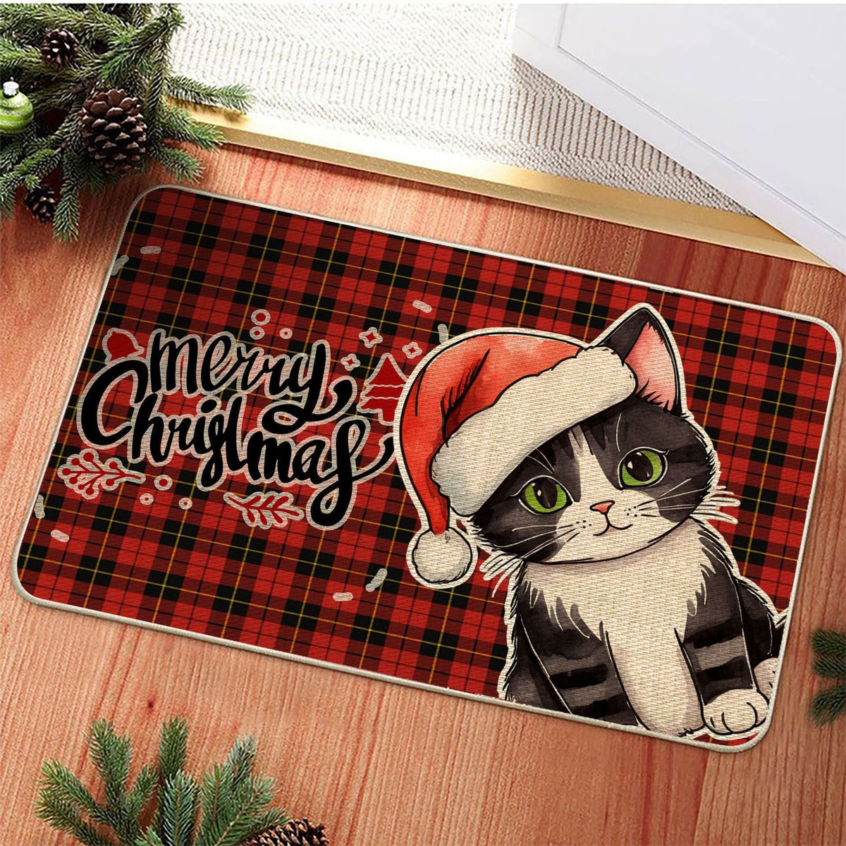 Christmas Welcome Mat with a Cat Design | Non Slip Xmas Door Rug in Two Sizes | Festive Holiday Entrance Decor