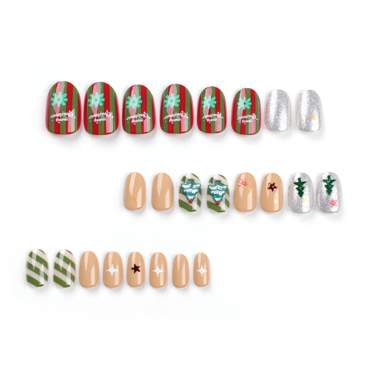 Christmas Nail Designs with Tree Patterns and Stars | Glittering Press On Tips for Festive Parties | Xmas Manicure Set