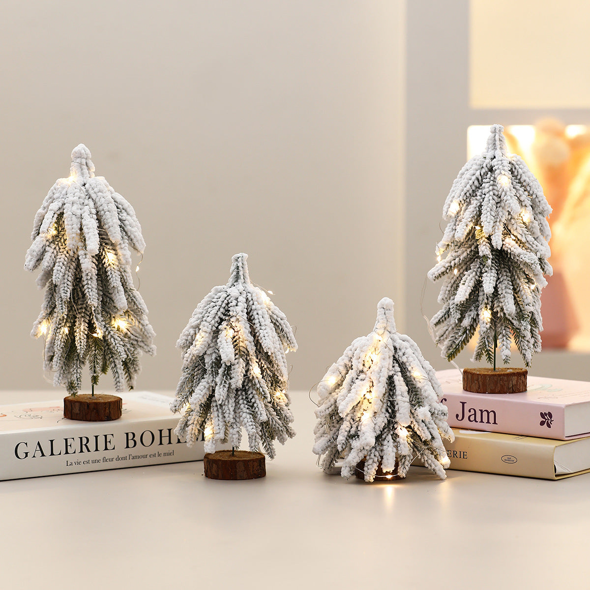 Flocked Christmas Tree Miniatures with Realistic Snowy Branches | Sturdy Wooden Bases | Soft LED Glow for Evening Displays