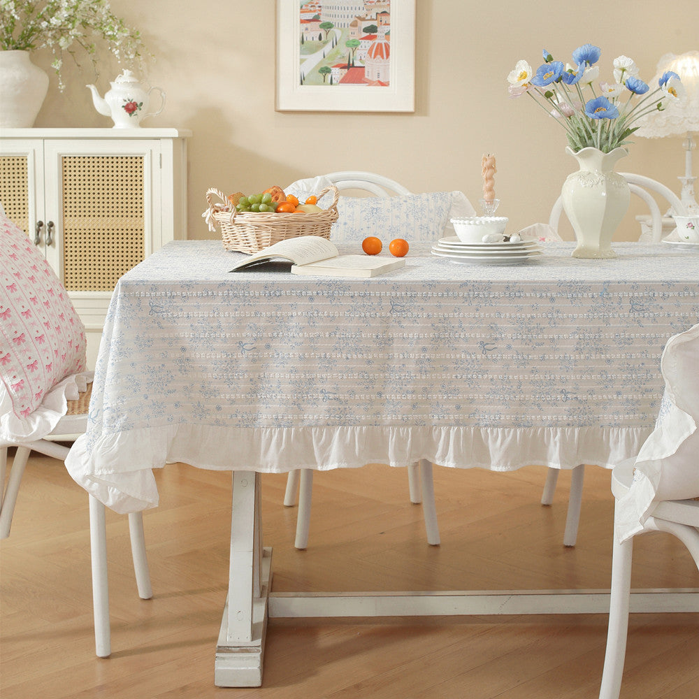 Ruffled Hem Tablecloth with Floral Pattern | Hard-Wearing Machine Washable Fabric | 3 Sizes | 4 Colors