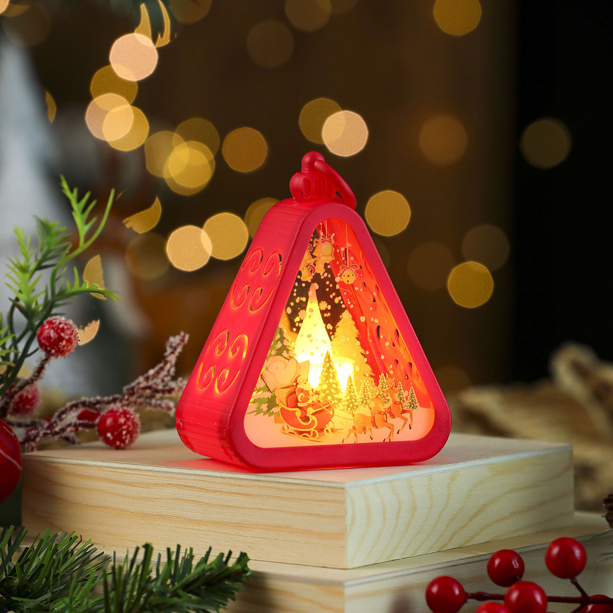 Tree Shaped Christmas Decorations with Santa and a Snowy Scene | Hanging Light Box with On Off Switch | Warm Glow for Indoor Use