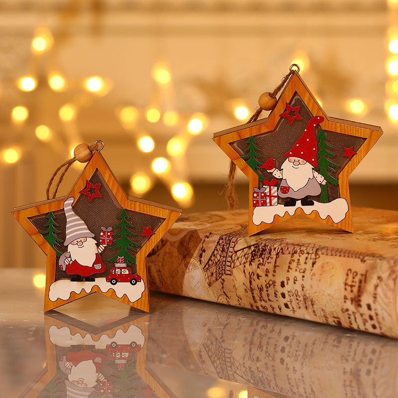 Wooden Christmas Tree Ornaments with Gnome and Santa Cutouts | Star or Round Shape on a Hanging String | 2 Colorways