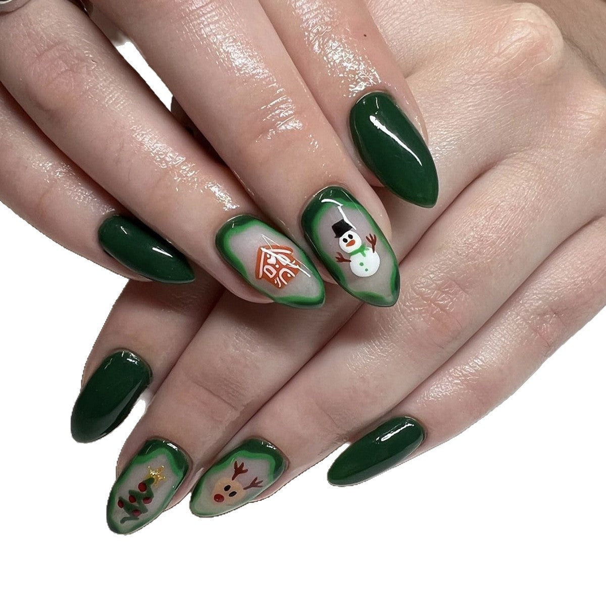 Snowman Reindeer and Tree Christmas Nails | Glossy Press On Nail Designs | Festive Winter Manicure for Home Parties
