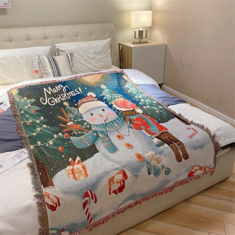 Christmas Tapestry Throw Blanket with Snowman and Trees | Soft Warm Fabric for Sofa and Bed | Four Festive Designs