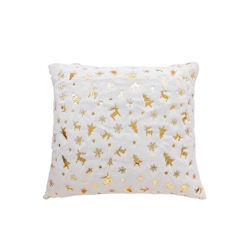 Faux Fur Christmas Throw Pillow with Foil Reindeer and Tree Print | Plush Polyfill, Square Shape | Holiday Decorations