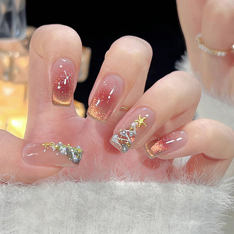 Snowflake and Tree Christmas Nails with Glitter | 24 Glossy Press On Fingernails | Festive Winter Manicure Kit