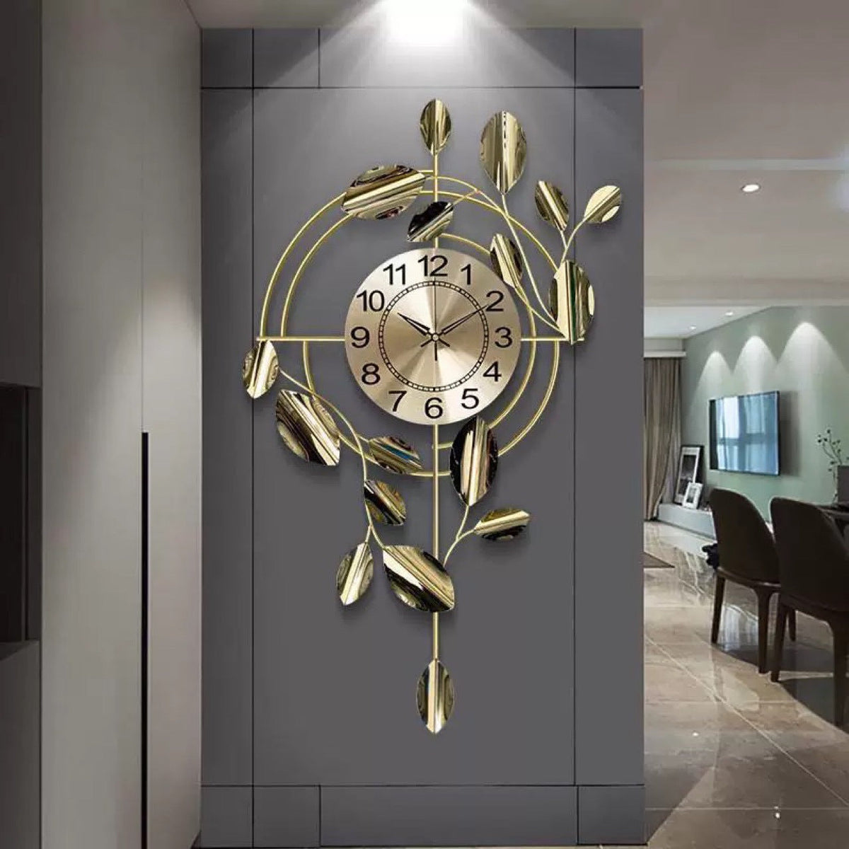 Wall Clock with Gilded Leaves on a Vertical Stem | Large Numbers on a Brushed Gold Dial | Fixings and Bracket Included