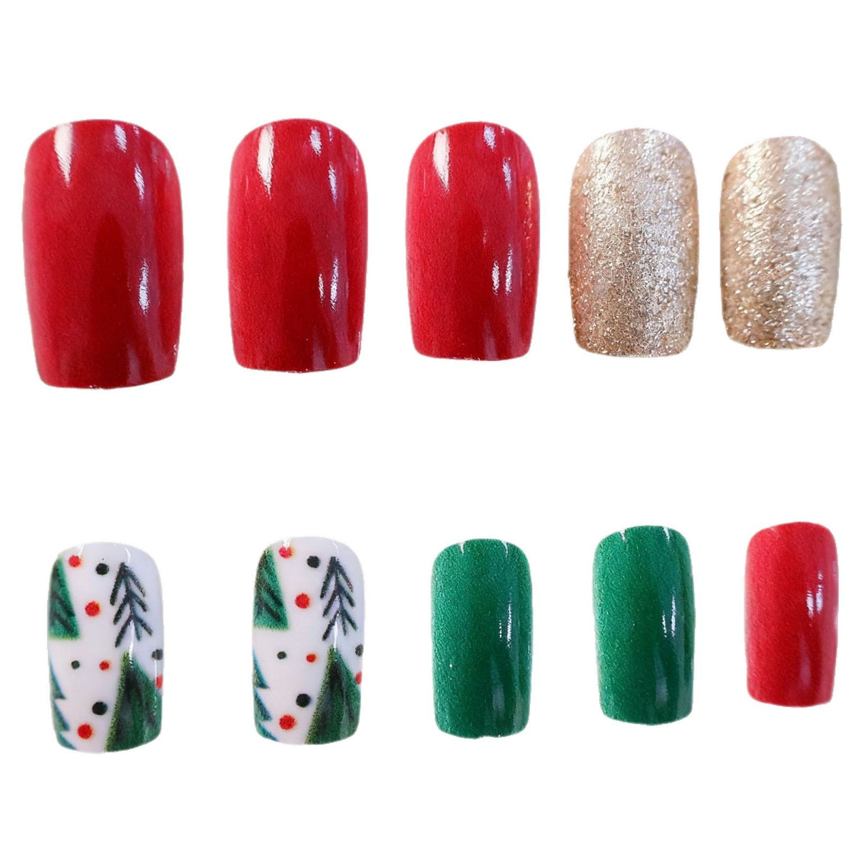 Green and Gold Christmas Nails with Tree Art | Glitter Accent Tips | Non Toxic Polish with a Chip Proof Finish