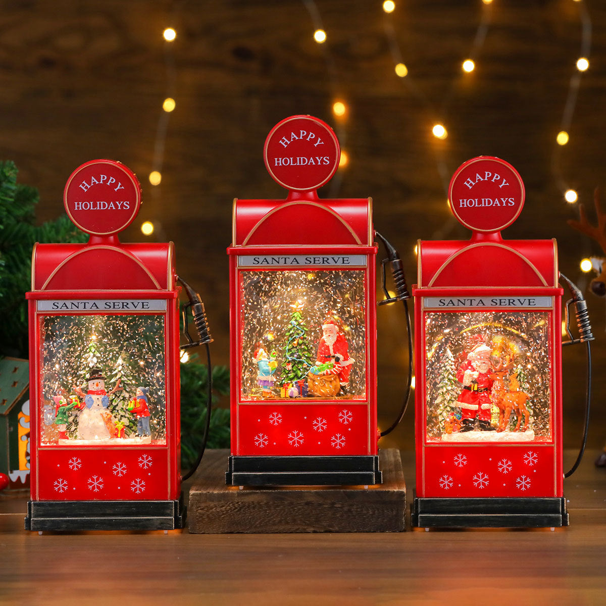 Santa Scene Lantern with Warm Christmas Lights | Battery Operated Tabletop Decor | Vintage Style and a Snowy Backdrop