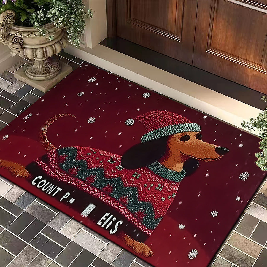 Christmas Door Mat with a Dog in a Festive Jumper | Red Welcome Rug for Entryways | Durable Weave in Several Sizes