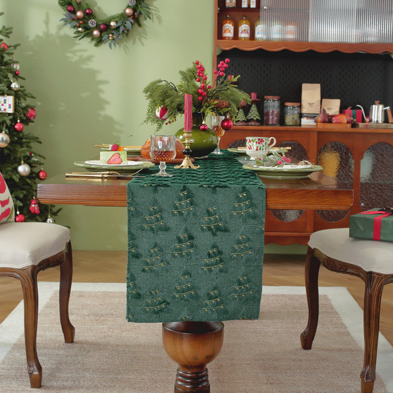Christmas Table Runner with Tree Pattern and Gold Accents | Festive Green Xmas Linen for Dining and Buffet | Holiday Decor
