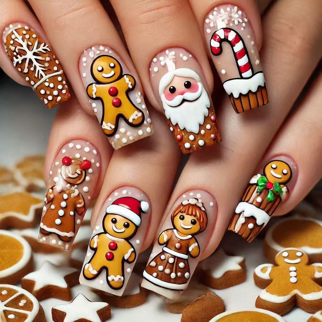 Festive Nails with Cute Christmas Motifs | Fake Nail Set in White with Double Sided Adhesive | Xmas Manicure for Parties
