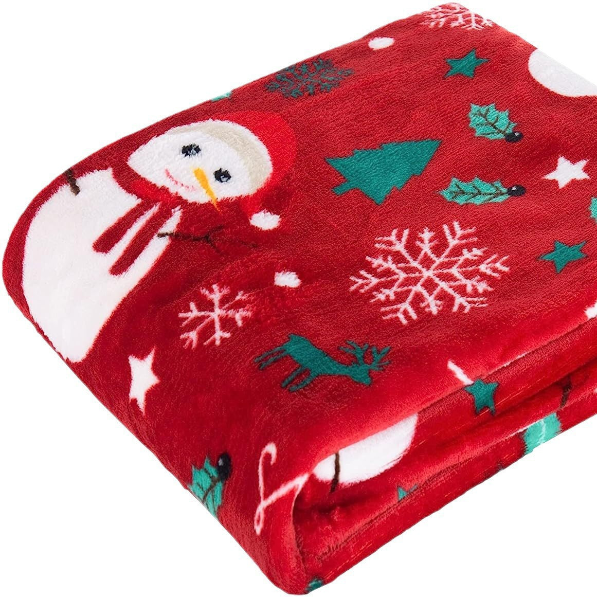 Santa and Snowman Plush Fleece Blanket in Blue | Soft Christmas Throw for Family Movie Nights | Two Sizes Available