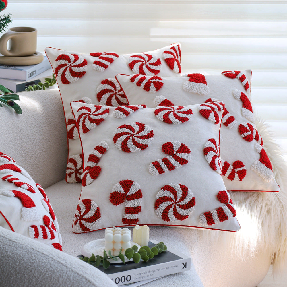 Hand Tufted Christmas Pillow Cover with Santa Hats and Candy Canes | Cotton Linen Blend, Piped Edge | Holiday Decorations