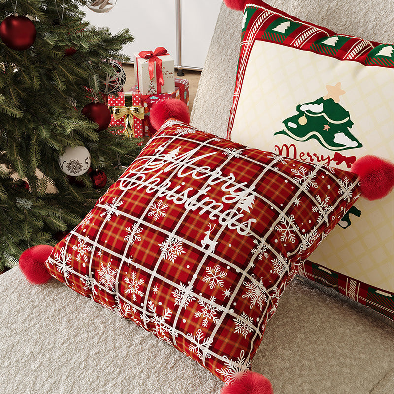 Plaid Throw Pillow Cover for Christmas Decorations with Pom-Pom Corners | Merry Lettering, Hidden Zipper | Five Designs, Three Sizes