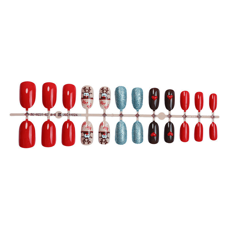 Christmas Press On Nails in Bright Red with Glitter | Set of 24 Fake Nail Tips with Reindeer | Festive Xmas Manicure