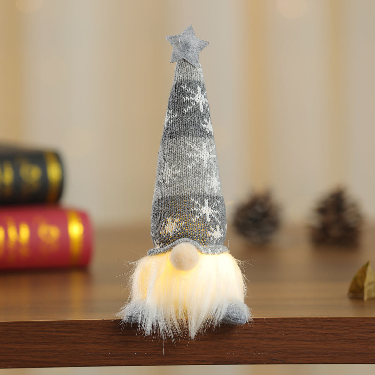 Knitted Gnome Figurine with a Snowflake Hat and Star Top | Shelf and Table Christmas Decorations | Sturdy Yearly Build